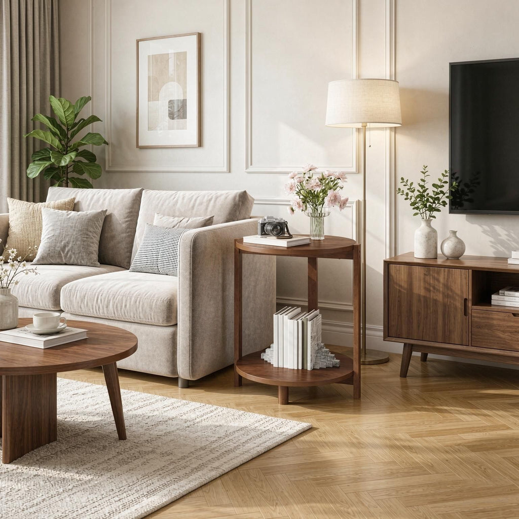 round Wood Side Table with 2-Tier Storage End Table