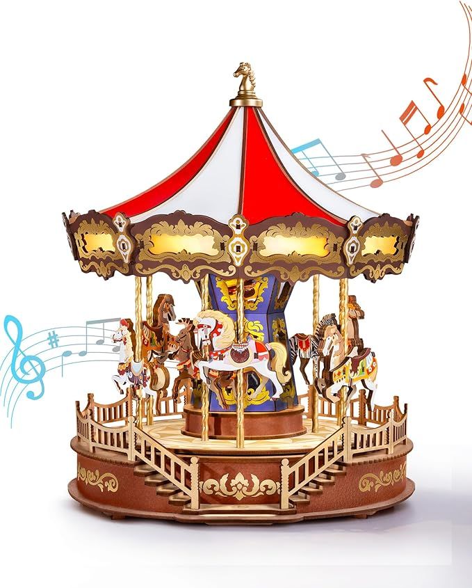 Rowood 3D Puzzles for Adults,Wooden Carousel Music Box for Adults,DIY Christmas Collectible Building Model Kit - Classic Carousel