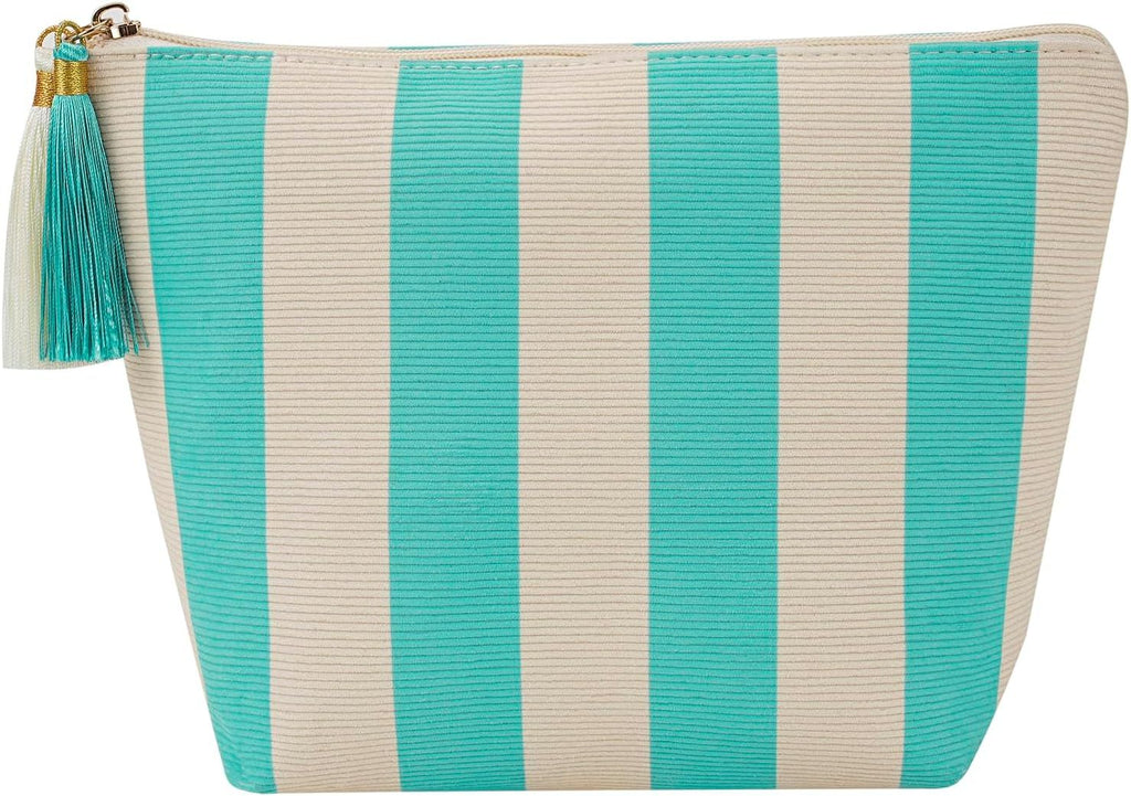 RSRSLEII Corduroy Stripe Makeup Bag, Aesthetic Tassel Travel Cosmetic Bag with Zipper, Coquette Toiletry Bag, Girls Handbags Purses, Accessories Storage Bag for Women Girls (Blue&Beige)