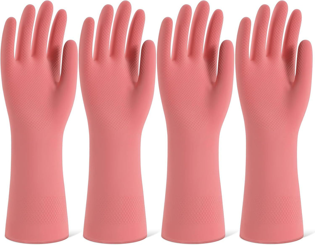 Rubber Cleaning Gloves for Dishwashing, 4 Pairs Reusable Kitchen Gloves for Washing Dishes and Household Cleaning, Pink Dish Gloves with Flocked Lining and Non-Slip Grip, Pefect for Woman Men - M