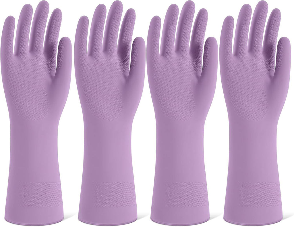 Rubber Cleaning Gloves for Dishwashing, 4 Pairs Reusable Kitchen Gloves for Washing Dishes and Household Cleaning, Purple Dish Gloves with Flocked Lining and Non-Slip Grip, Pefect for Woman Men - M