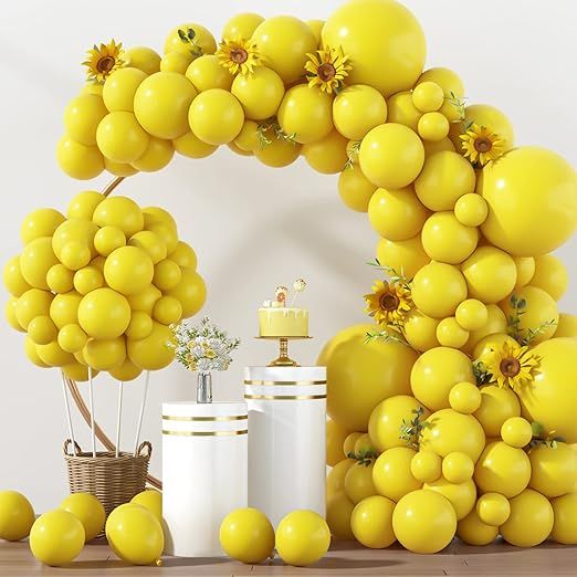 RUBFAC 129pcs Yellow Balloons Different Sizes 18 12 10 5 Inch Latex Balloon Garland Arch Kit for Masquerade Party Decoration Gender Reveal Graduation Anniversary Baby Shower Party Supplies