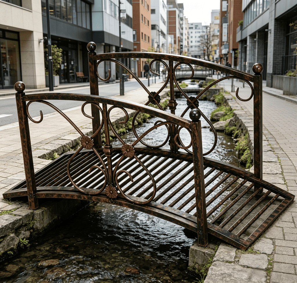Rust Brown 3.3' Metal Garden Bridge Decorative Classic Footbridge with Safety Railings for Backyard Pond Creek