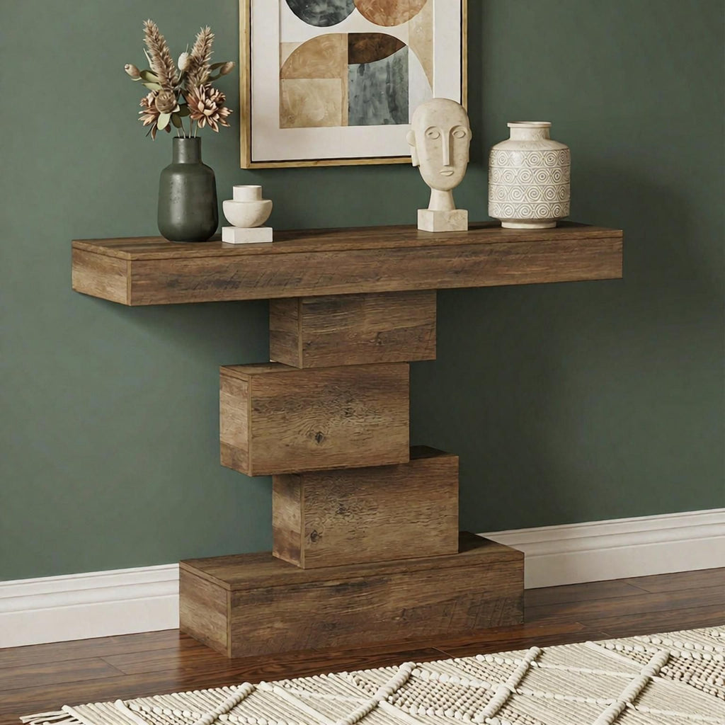 Rustic Brown 42.5 Inch Farmhouse Console Industrial Geometric Sofa Table for Hallway Entrance