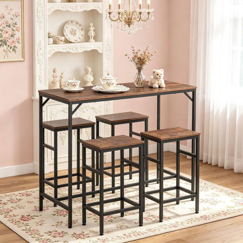 Rustic Brown 5-Piece Industrial Dining Table Set with Bar Table And 4 Stools Space Saving Design for Pub And Kitchen