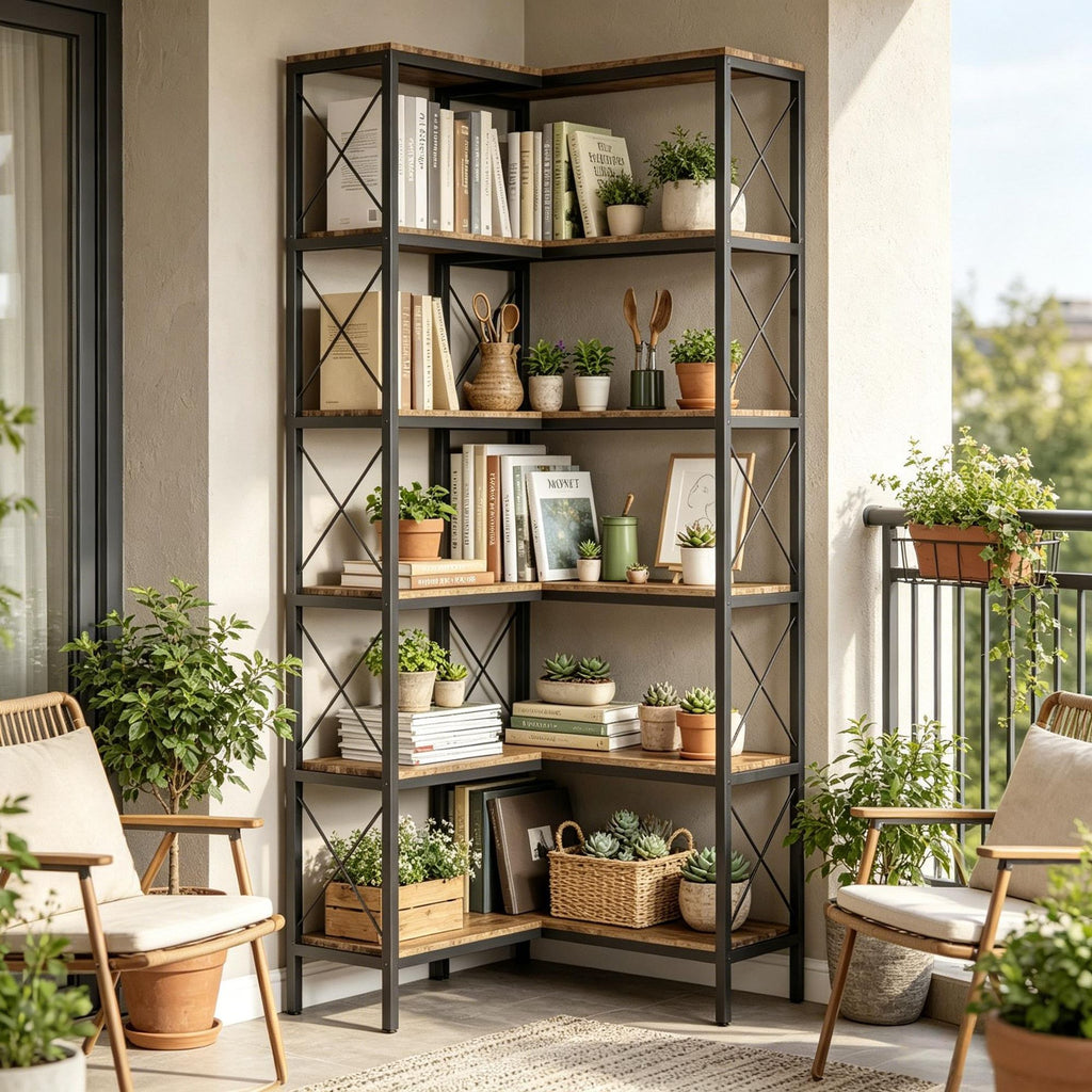 Rustic Brown 5-Tier L-Shaped Bookshelf Freestanding Bookcase with Metal Frame for Living Room Bedroom Organization