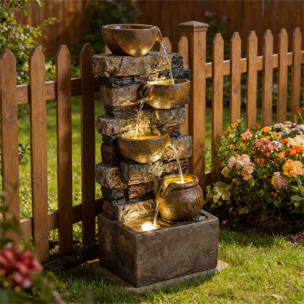 Rustic Brown Outdoor Fountain, Garden Fountain with LED Lights
