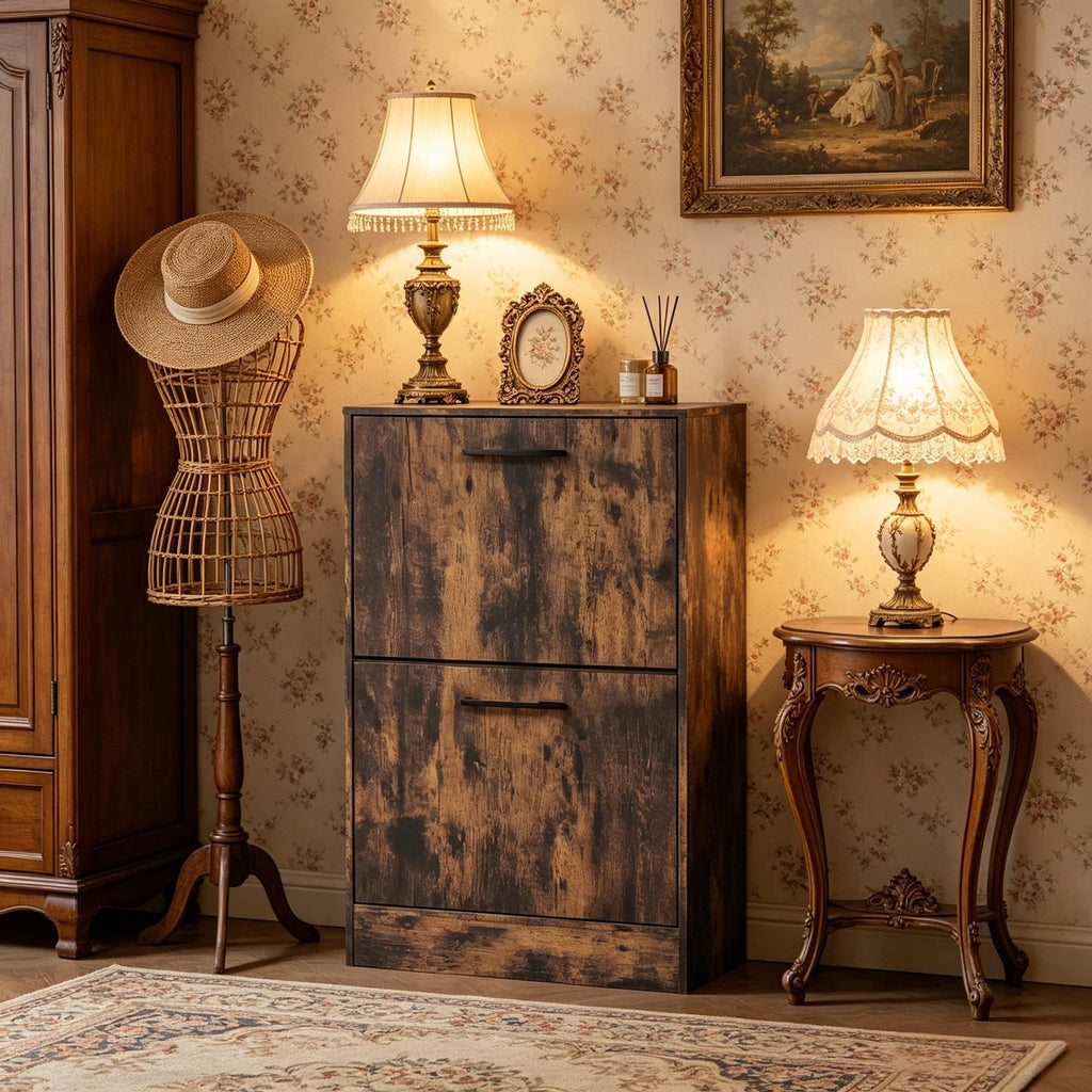 Rustic Brown Shoe Cabinet with 2 Flip Drawers Narrow Entryway Hallway Storage Unit with Adjustable Dividers