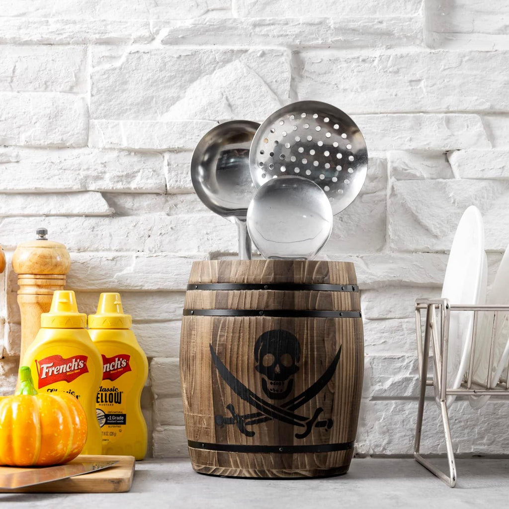 Rustic Burnt Wood Pirates Rum Cask Style Kitchen Utensil Crock, Vintage French Wine Barrel Cooking Tools Holder with Skull and Cutlass Sword Design
