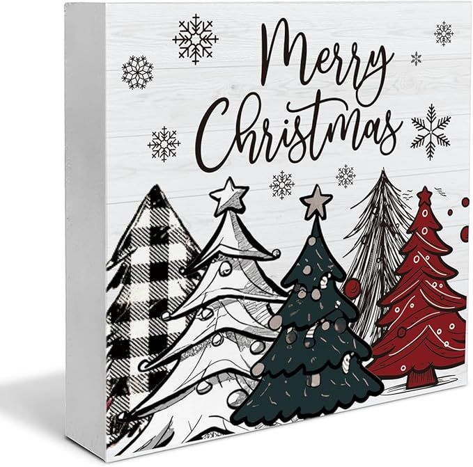 Rustic Merry Christmas Wooden Sign - Farmhouse Christmas Decor for Table or Shelf - 5 x 5 Inch