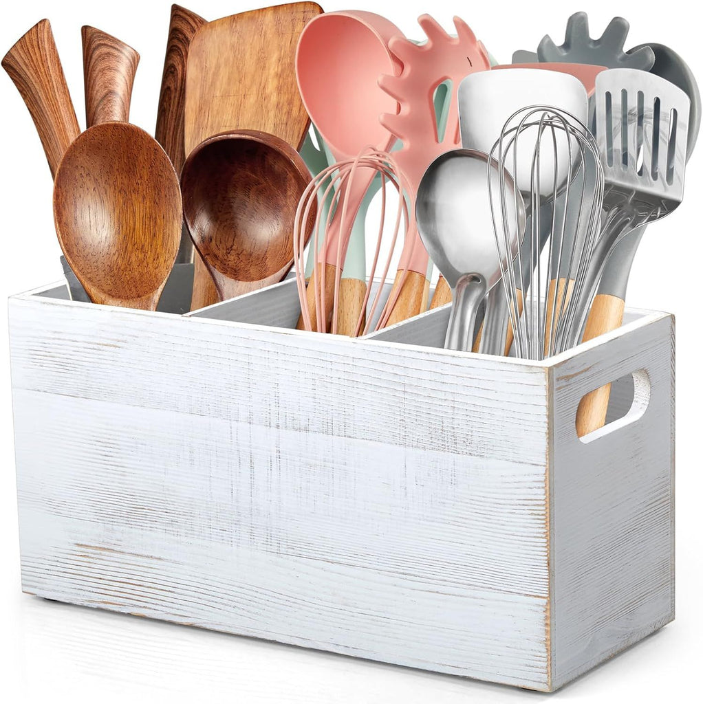 Rustic White Utensil Holder with Removable Divider - 3 Compartment Wooden Utensil Caddy Organizer for Kitchen Counter - Cooking Utensil Crock for Countertop