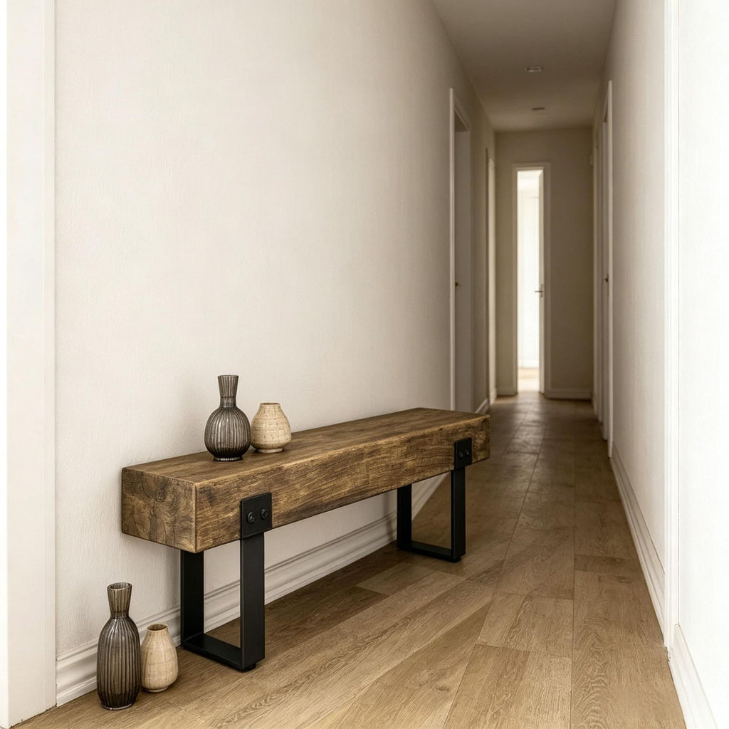Rustic Wood Effect Garden Bench with Metal Legs Indoor Outdoor Concrete Entryway Bench for Patio Park Porch Lawn Natural & Black