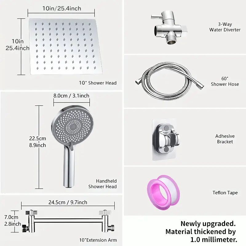 RV Shower Head, 10 Inch High Pressure Rain Shower Stainless Steel Shower Head with Handheld Shower Combo with 59 Inch Extra Long Hose, Adhesive Shower Head Bracket, Overhead Shower Head Set, RV Bathro
