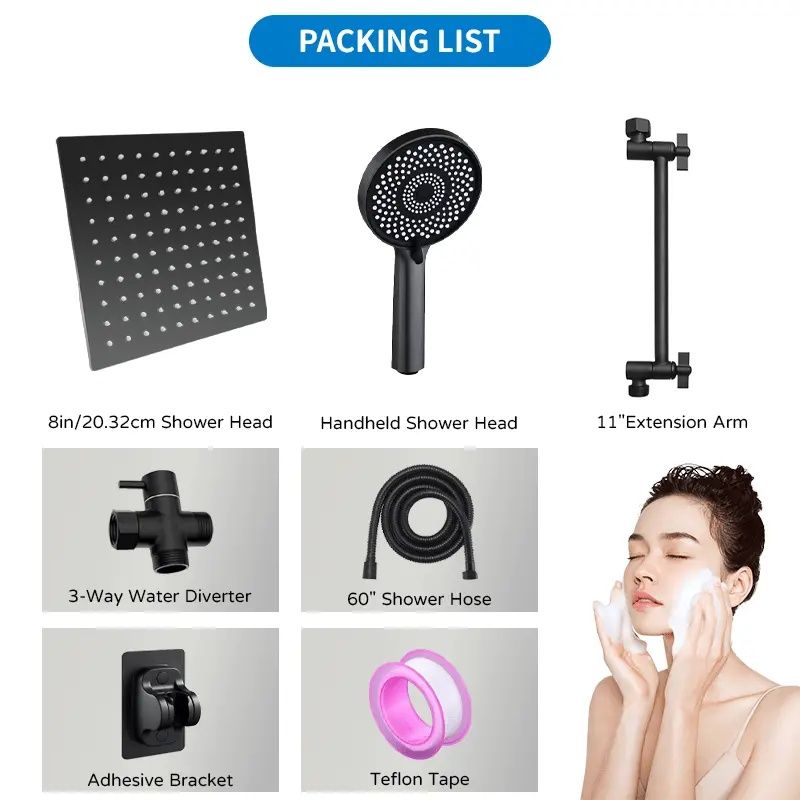 RV Shower Head, 8 Inch High Pressure Rain Shower Stainless Steel Shower Head with Handheld Shower Combo with 59 Inch Extra Long Hose, Adhesive Shower Head Bracket, Overhead Shower Head Set, RV Bathroo