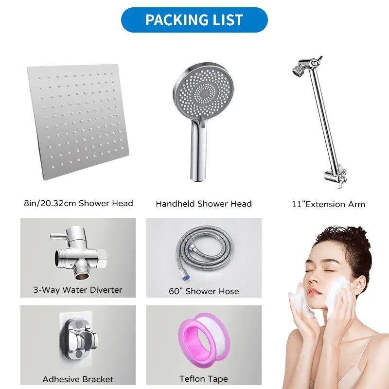 RV Shower Head, 8 Inch High Pressure Rain Shower Stainless Steel Shower Head with Handheld Shower Combo with 59 Inch Extra Long Hose, Adhesive Shower Head Bracket, Overhead Shower Head Set, RV Bathroo