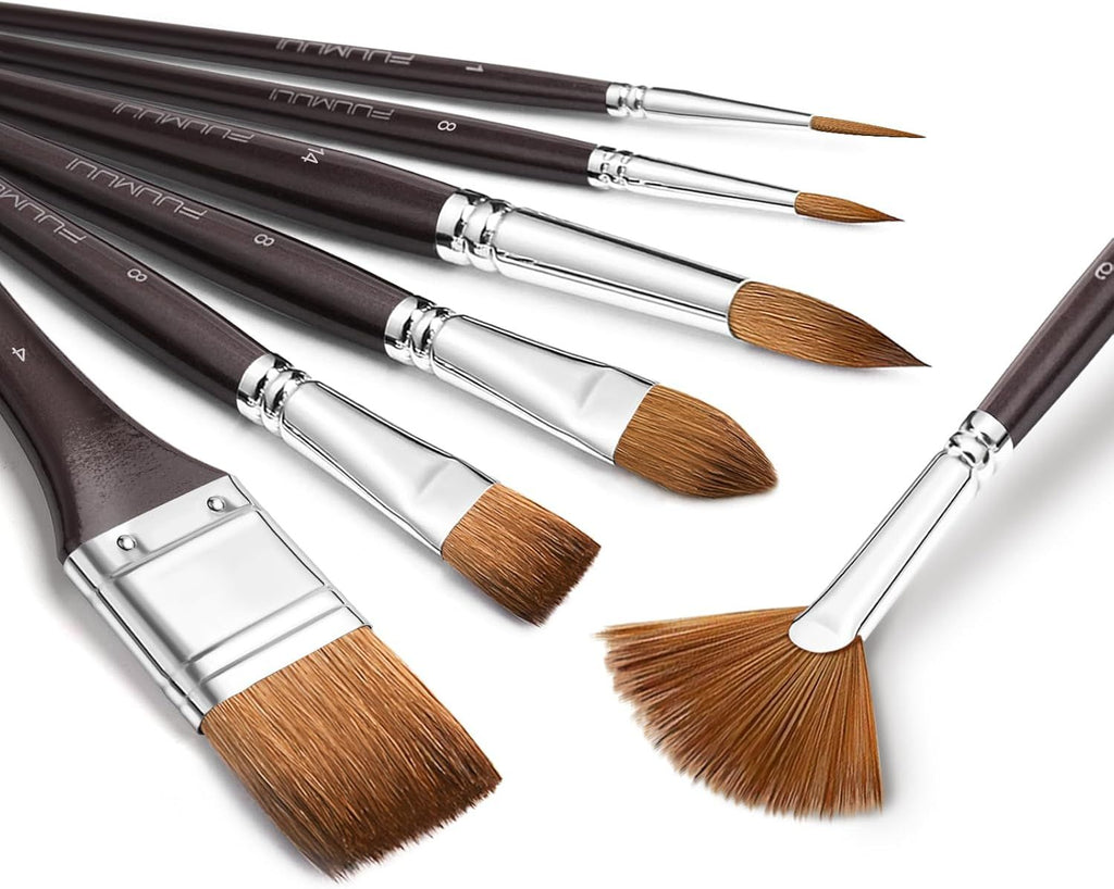 Sable Watercolor Brushes Professional 7Pcs Sable Brush Set Variety Shapes with Flat, Round Pointed, Cat's Tongue Oval Wash Fan Brush Perfect for Watercolor Gouache Inks Painting