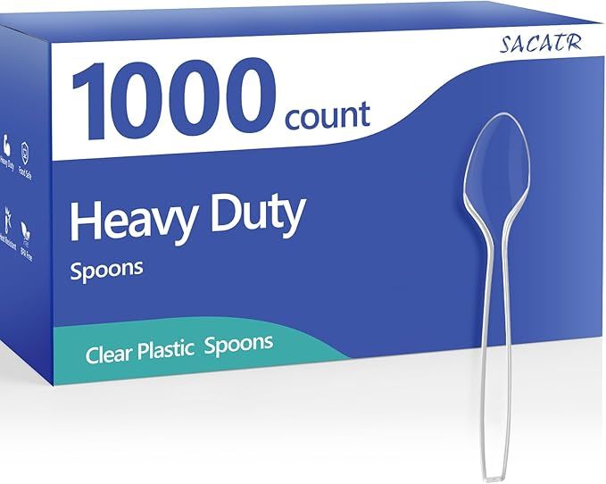 SACATR 1000 Count Clear Plastic Spoons Bulk - Plastic Silverware Spoons Heavy Duty, Premium Disposable Spoons, BPA-Free, Heat Resistant, Suitable for Parties, Events, and Everyday Use