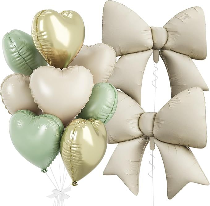 Sage Green Gold Heart Balloons, Foil Bow Balloons, 10Pcs 18 Inch Heart Shaped Balloon and 38 Inch Helium Cream Bow Balloon for Boys Girls Baby Shower Safari Jungle Birthday Wedding Party Decor