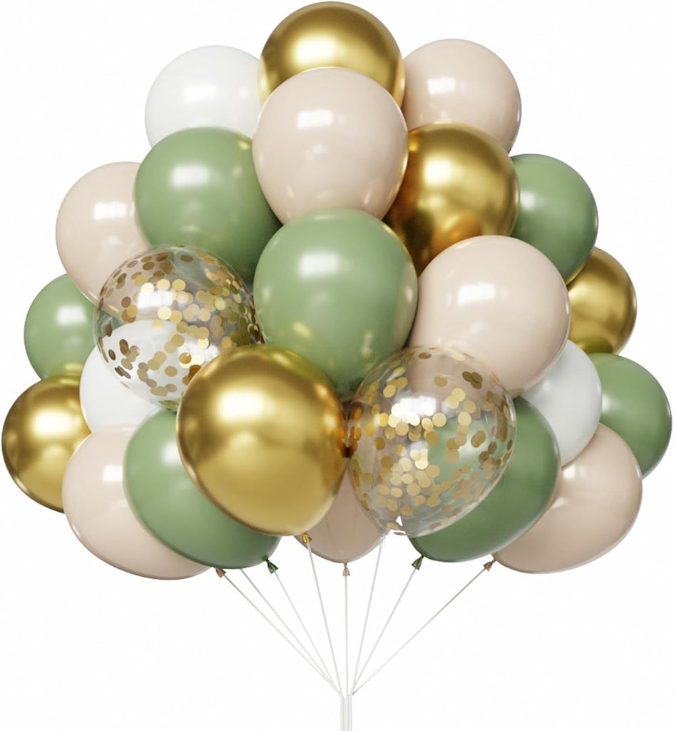 Sage Green Gold White Balloons, 67pcs 12 Inch Sand White and Green Gold Confetti Party Balloons for Baby Shower, Safari, Birthday, Graduation, Eucalyptus Party Decorations
