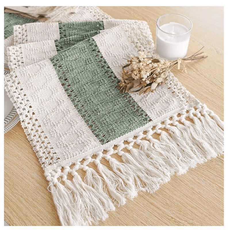Sage Green Table Runner 72 Inches Long with Tassels Boho for Easter Home Decor Rustic Macrame Farmhouse Table Cover for Srping Party Bohemian Bridal Shower Dining Decorations(12x72 Inches)