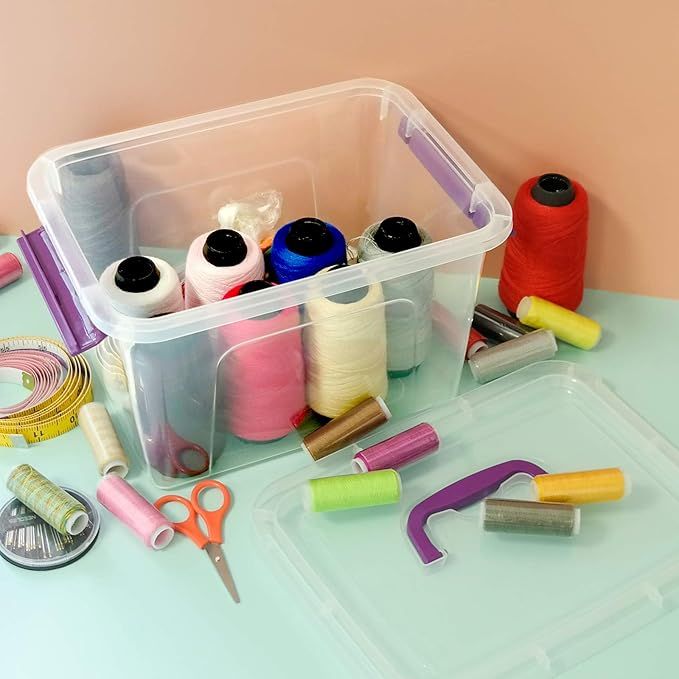 Sandmovie 6 Quart Clear Latching Box with Lid and Handles, Clear Plastic Storage Tote, 6 Packs