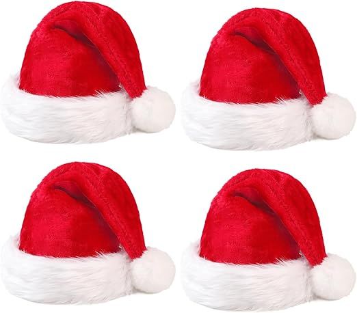 Santa Hat 4-Pack, Double Layer Soft Velvet, Santa Hats Bulk for Adults, Thick Christmas Hats for Holiday Parties
