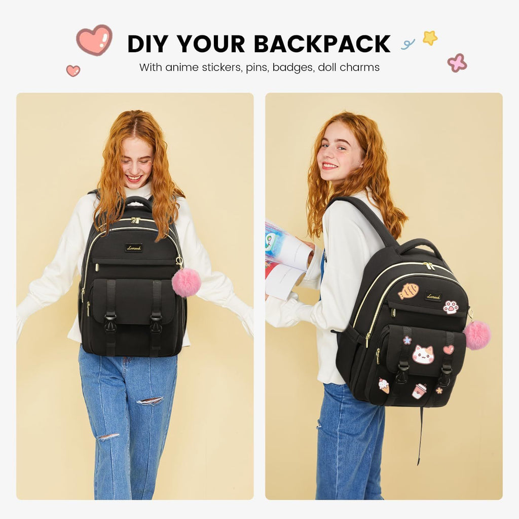 School Backpack for Teen Girls, Student Backpack Purse for 14-16 Teenage, Cute Kid Bookbag, Back to School Backpacks Fit 15.6 Inch Laptop, Large College Travel Bag, Black