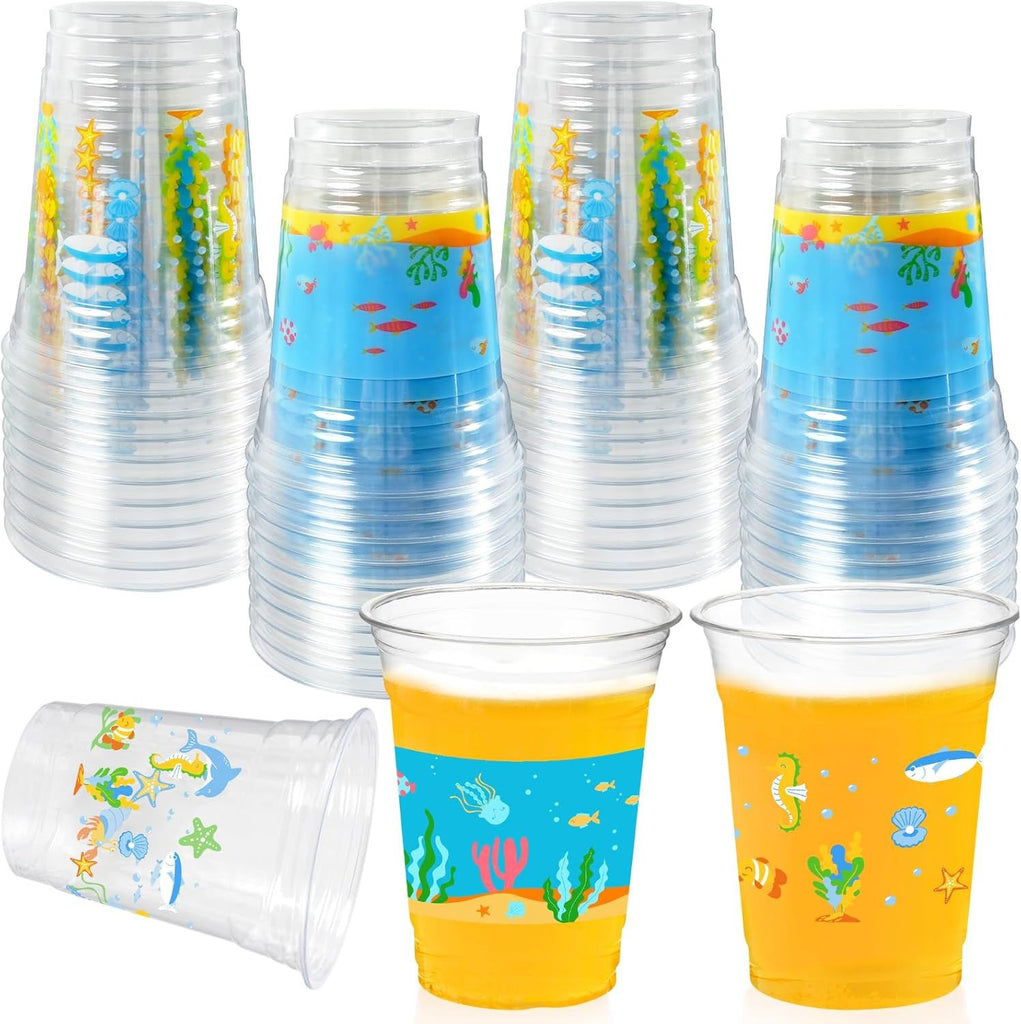 Sea Party Decorations Cups, 50 Pcs 12 Oz Sea Animal Ocean Themed Drinking Plactic Disposable Party Cups for Baby Shower Ocean Under the Sea Summer Birthday Party Favor Decorations Supplies