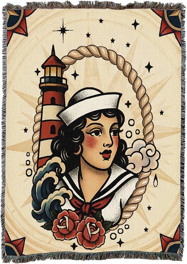 Sea Rose - Tattoo Design - Tapestry Throw Blanket Woven from Cotton - Made in The USA (50x60)