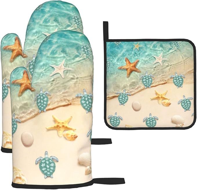 Sea Turtles Beach Oven Mitts and Pot Holders Sets of 3 Nautical Kitchen Decor Heat Resistant Hot Pads Teal Nautical
