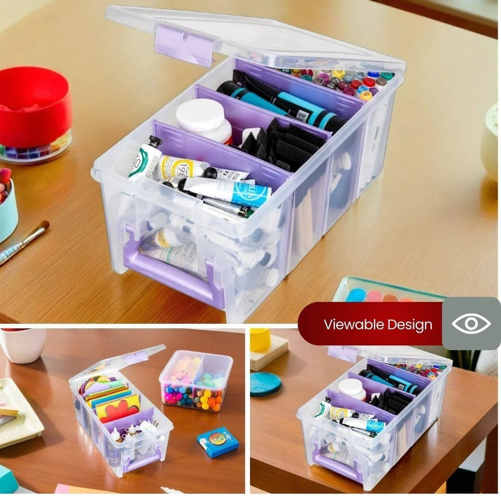 Semi Satchel Portable Craft Organizer with 3 Dividers - Clear Plastic Storage Case for Art & Craft Supplies