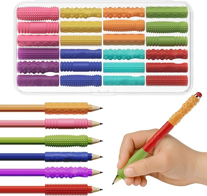 Sensory Textured Silicone Fidget Toys, 24PCS Four Sizes Pencil Grips for Kids Handwriting,Classroom School Education Tool for Stress Anxiety ADHD & Autism ,Stuffers Gifts for Kids Boys Girls