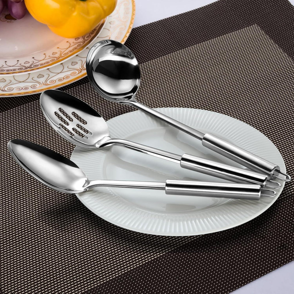Serving Utensils Set for Parties,3-Piece Silver Stainless Steel utensils set,Includes 1 Serving Spoon, 1 Slotted Spoon and 1 Soup Ladle,Serving Spoons for Buffet