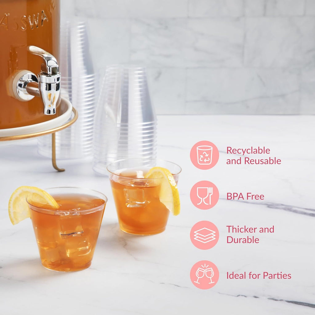 Set of 100-5 oz Clear Plastic Cups - Prestee Hard Disposable Drinkware - Bulk Cocktail, Wine and Punch Tumblers - Party and Event Drinking Cups