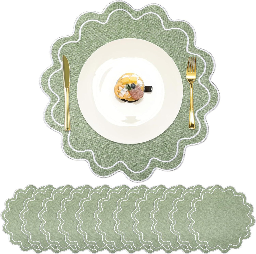 Set of 12 Cotton Linen Placemats, 15x15 Scalloped Flower Embroidery Cloth Table Mat Double Layered Fabric Washable Wrinkle Free Dining Placemat for Restaurant Kitchen Decor (Green with Silver)