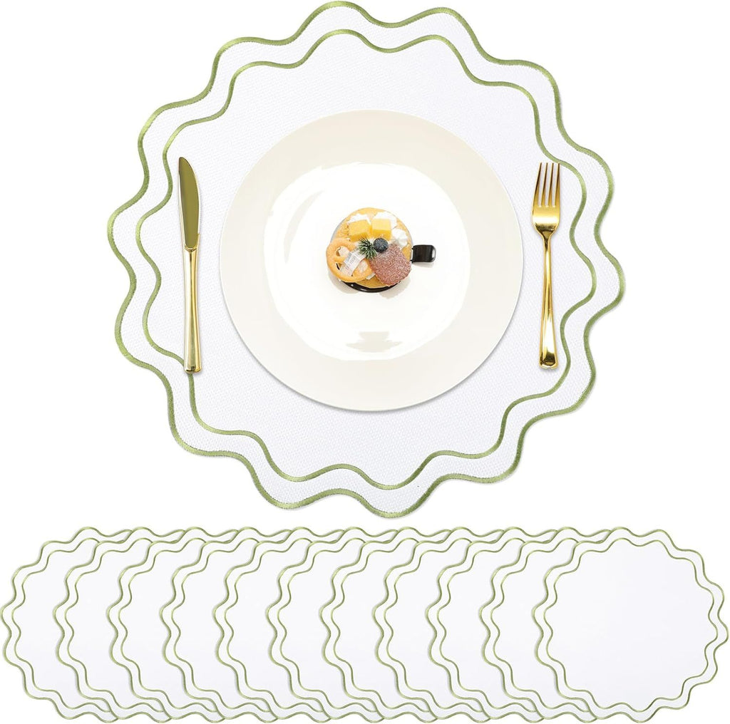 Set of 12 Cotton Linen Placemats, 15x15 Scalloped Flower Embroidery Cloth Table Mats Double Layered Fabric Washable Wrinkle Free Dining Placemat for Restaurant Kitchen Decor (White with Green)