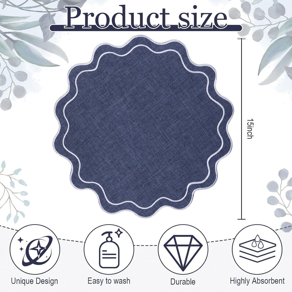 Set of 12 Cotton Linen Placemats, 15x15 Scalloped Flower Embroidery Cloth Table Mats Double Layered Fabric Washable Wrinkle Free Dining Placemat for Restaurant Kitchen Decor(Navy Blue)