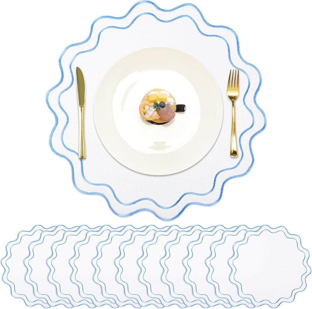 Set of 12 Cotton Linen Placemats, 15x15 Scalloped Flower Embroidery Cloth Table Mats Double Layered Fabric Washable Wrinkle Free Dining Placemat for Restaurant Kitchen Decor(White with Blue)
