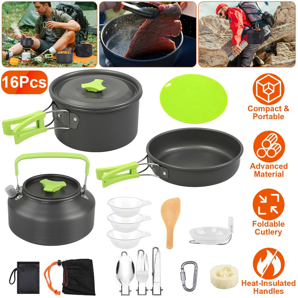 Set of 16Pcs Camping Cooking Ware Camping Stove Cookware Kit Aluminum Kettle with Bowls Knife Fork Spoon Carabiner Spatula Cutting Board for Hiking Picnic Outdoor