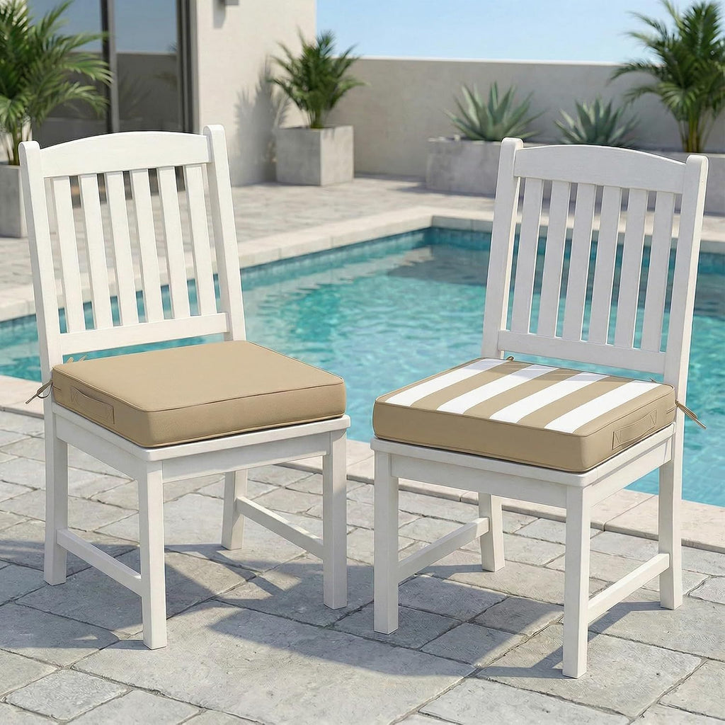 Set of 2 Beige Outdoor Chair Cushions 19x19x3 Inch, Waterproof Reversible Stripe Patio Cushion with Ties, Removable Cover, Fade Resistant