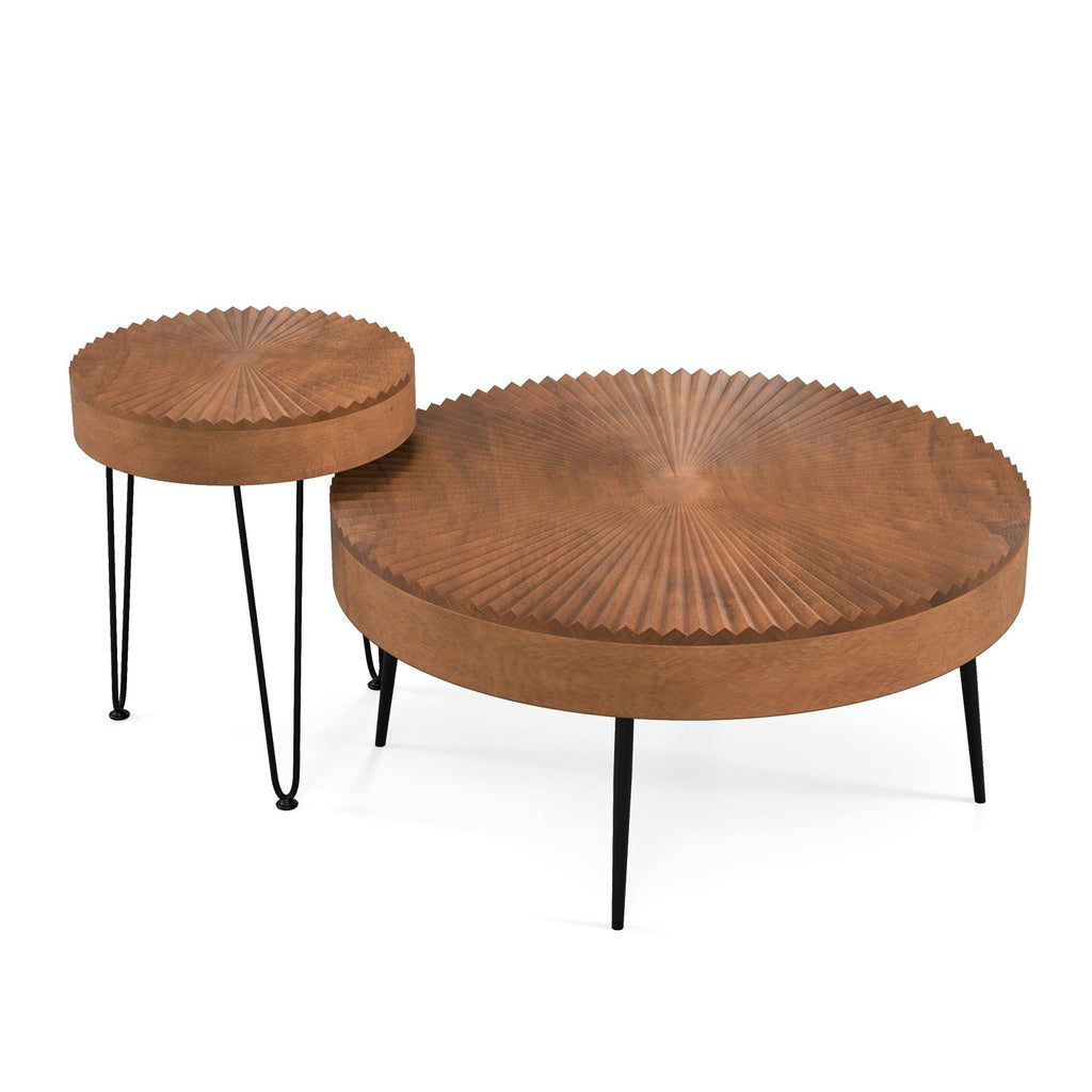 Set of 2 Boho Round Coffee Table with Solid Pine Wood Top and Metal Legs