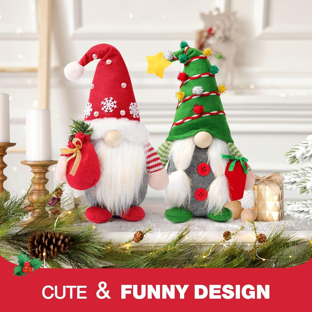Set of 2 Christmas Gnome Plush Decorations, Xmas Farmhouse Tiered Tray Tree Christmas Decor Doll Collectible Figurines - Home Tabletop Elf Ornaments (2, Red+Green)