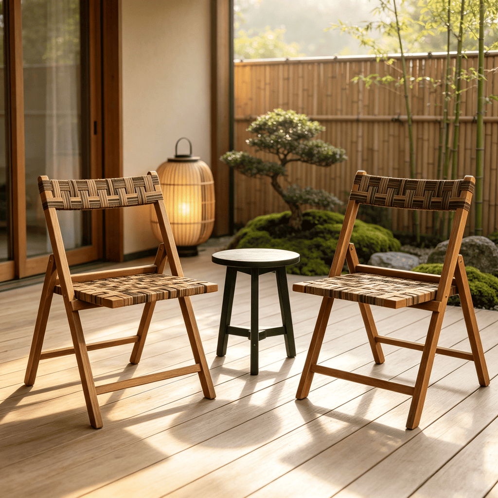 Set of 2  Folding Chairs with Hand-Woven Rattan Backs for Outdoor Patio Dining Room Furniture