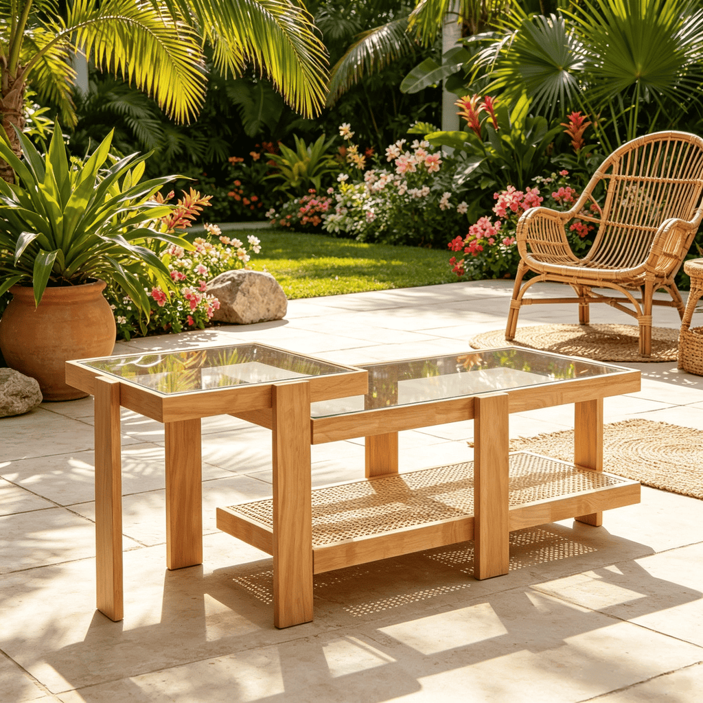 Set of 2 Nesting Coffee Table Boho Rattan Accent Tables Living Room Decorative Side Table Multi Functional Home Decor