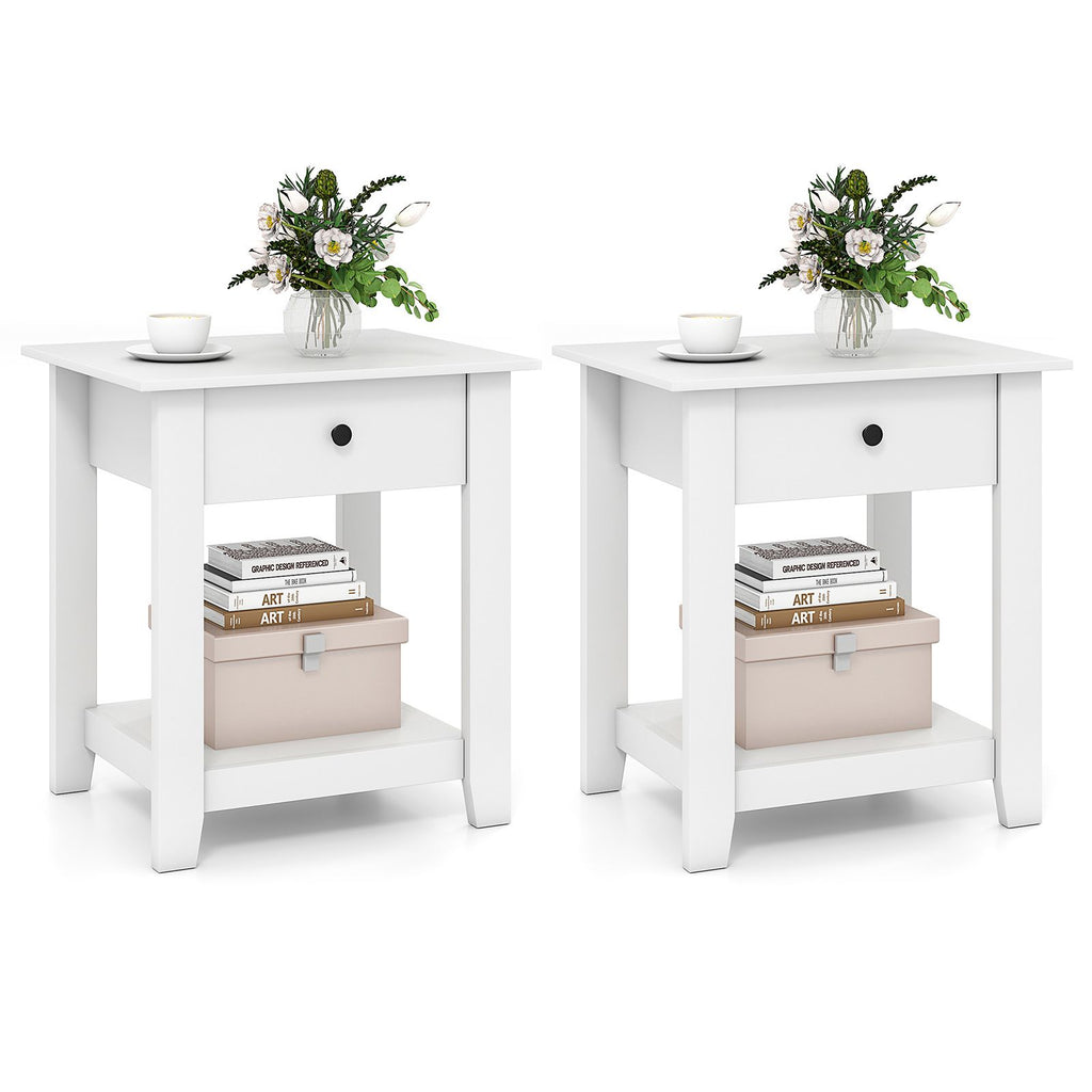 Set of 2 Nightstand with Drawer 3-Tier Modern Bedside Table with Open Shelf and Storage