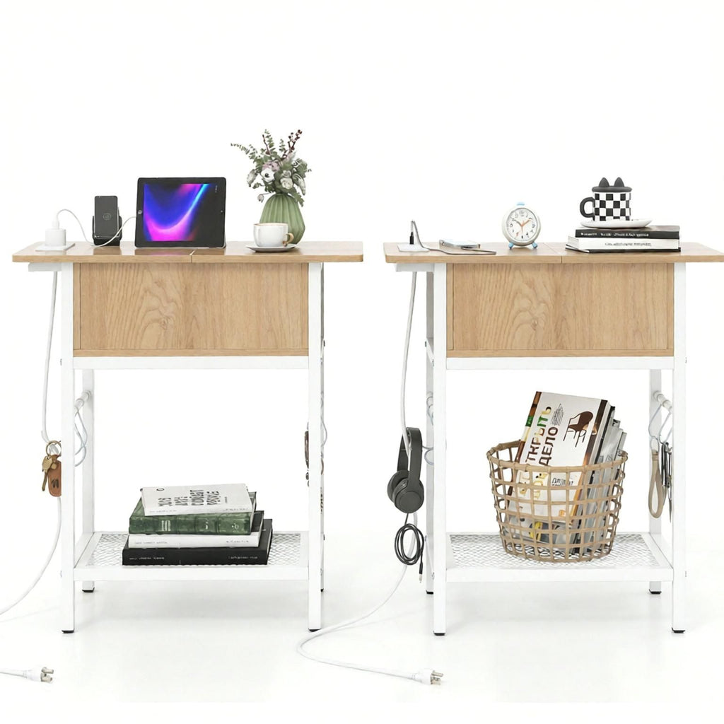Set of 2 Nightstands with Charging Station Hidden Compartment Modern End Table for Living Room Bedroom Side Table