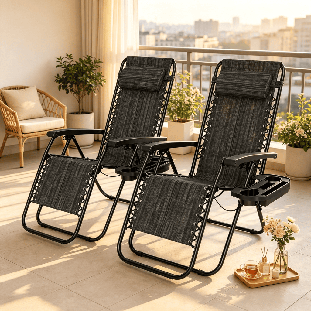 Set of 2 Portable Zero Gravity Chairs with Cup Holder And Adjustable Backrest for Outdoor Relaxation