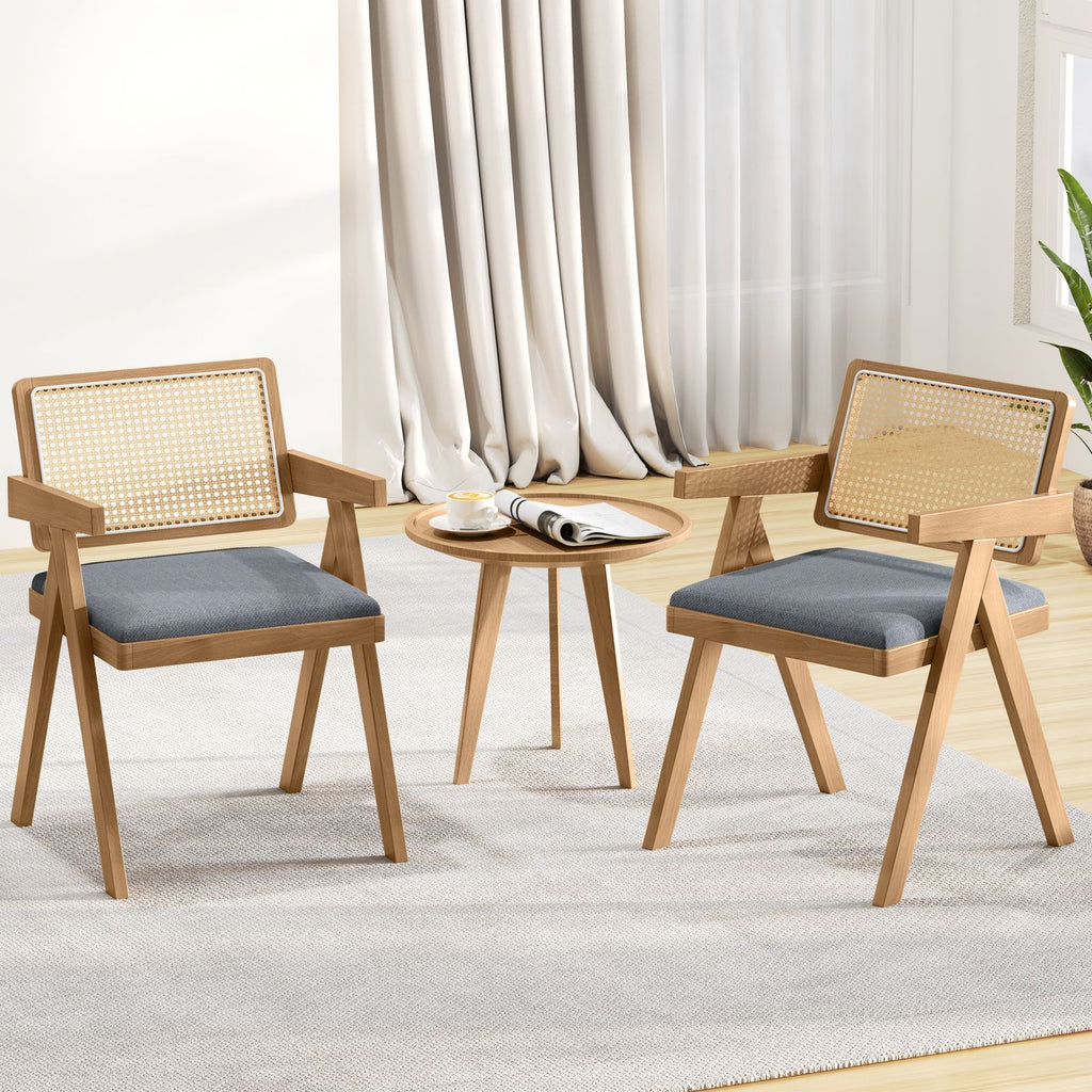 Set of 2 Rattan Accent Chairs with Padded Cushion and Rubber Wood Frame