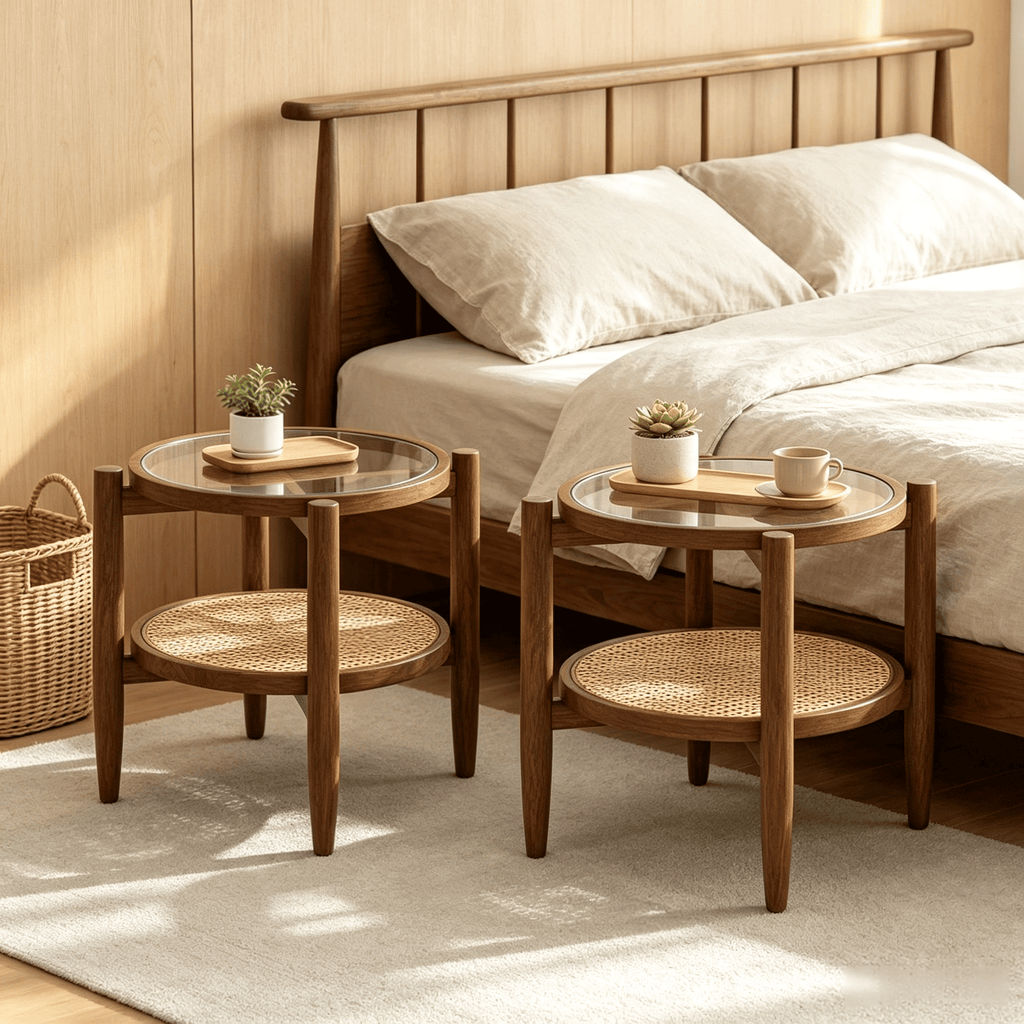 Set of 2 Rattan round Side End Table with Tempered Glass Tabletop Outdoor Coffee Tables  End Side Tables