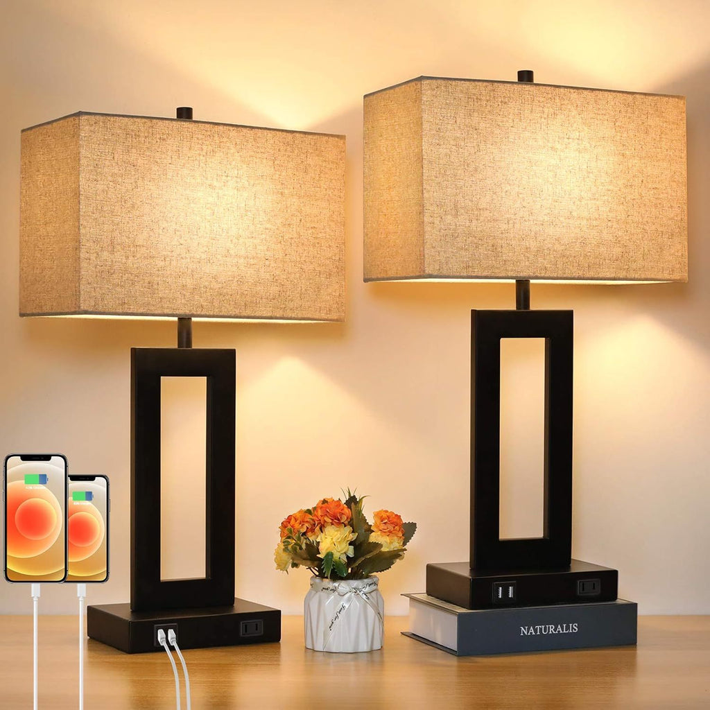 Set of 2 Touch Control Table Lamp with 2 USB Ports, 3-Way Dimmable Modern Nightstand Lamp Sets Bedside Touch Desk Lamp with Fabric Cream Shade for Bedroom Table Living Room Reading, Included Bulbs